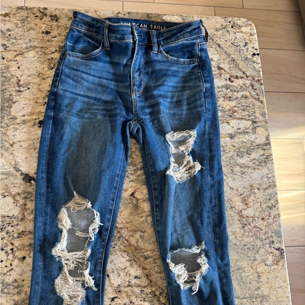 American Eagle Outfitters Blue Distressed Straight Leg Jeans